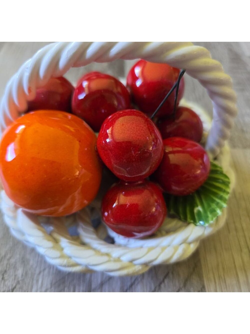 Vintage Made in Italy Ceramic Woven Fruit Basket‎ Figurine Cherries Orange 1960s